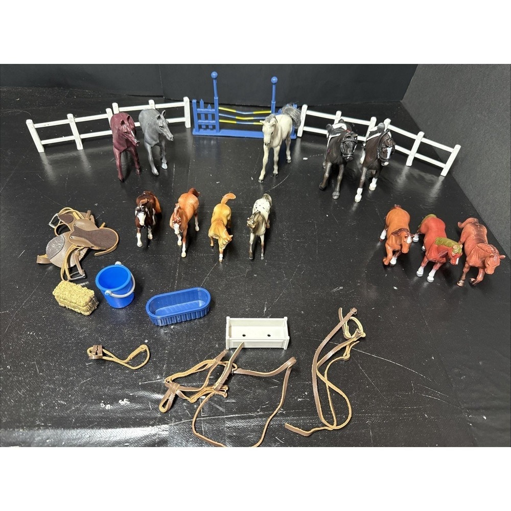 Lot of 12 Horse Figures Various Sizes Breyer, Schleich, Funrise plus fence, more